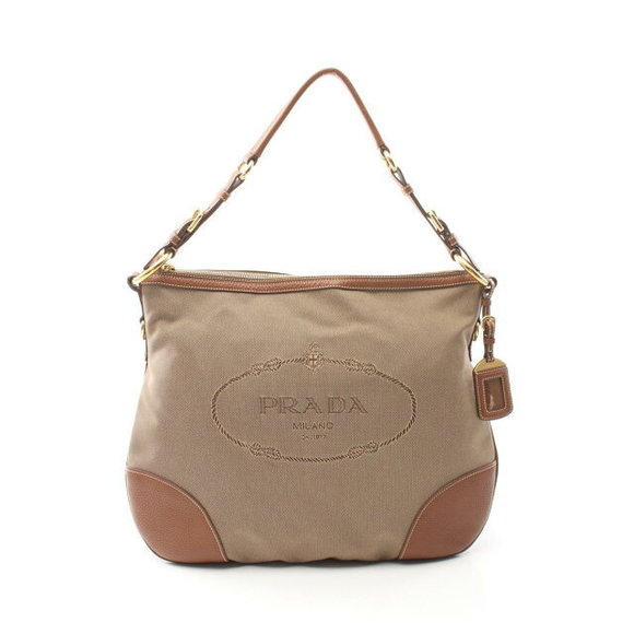 Prada Jacquard Hobo Shoulder Bag Leather Beige Brown - Picture 1 of 7